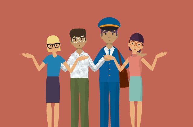 An illustrated crowd all shrug in unison.