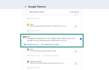 Mail under Select data to include section in Google Takeout.