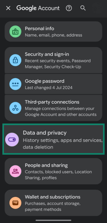 Data and privacy option in the Google Account options.