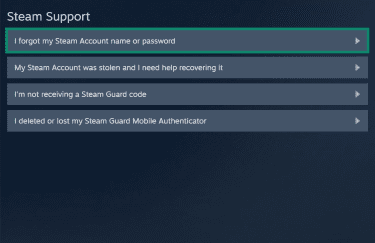 Steam support page for account recovery. Th "I forgot my Steam Account name or password" option is highlighted.