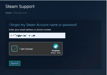 The "I forgot my Steam Account name or password" window. An email address is typed in, the CAPTCHA is solved, and the "Search" button is highlighted.