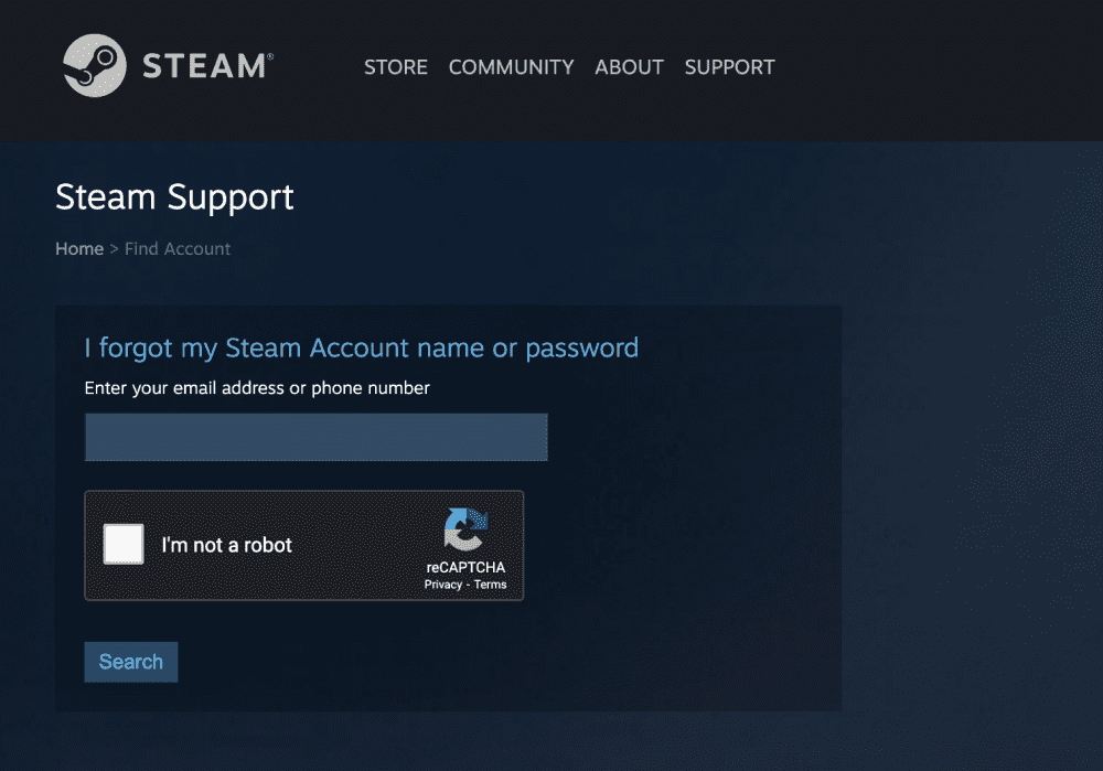 Steam forgot account or password screen.