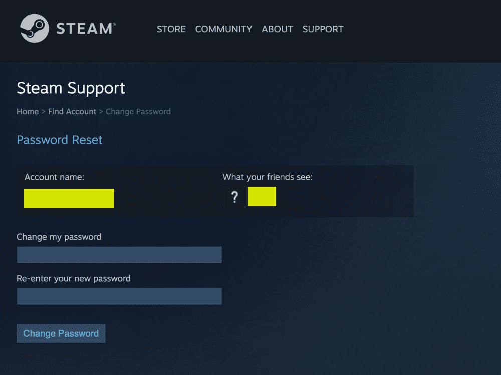 Steam password reset screen.