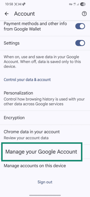 Where to find the option to manage your Google account on Android.