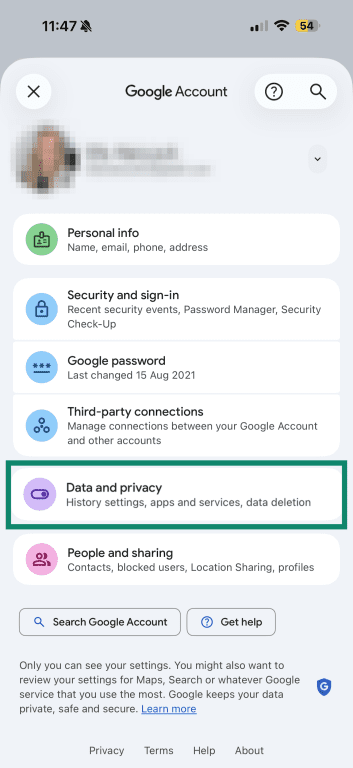 Google account data and privacy menu on iPhone.