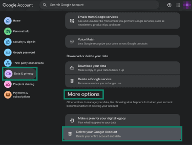 Finding the "Delete your Google account" on a PC.