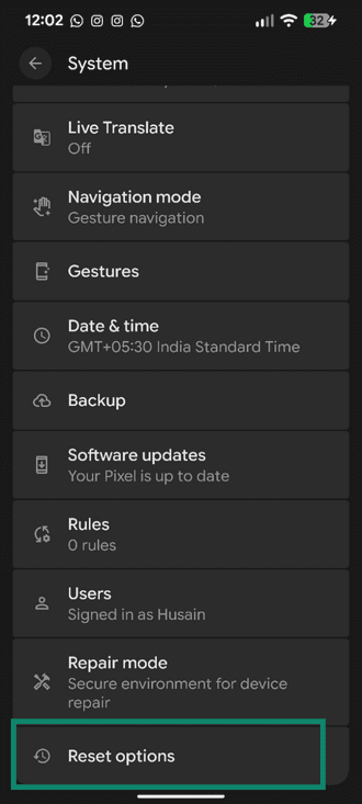 Reset options in the System menu on Android.