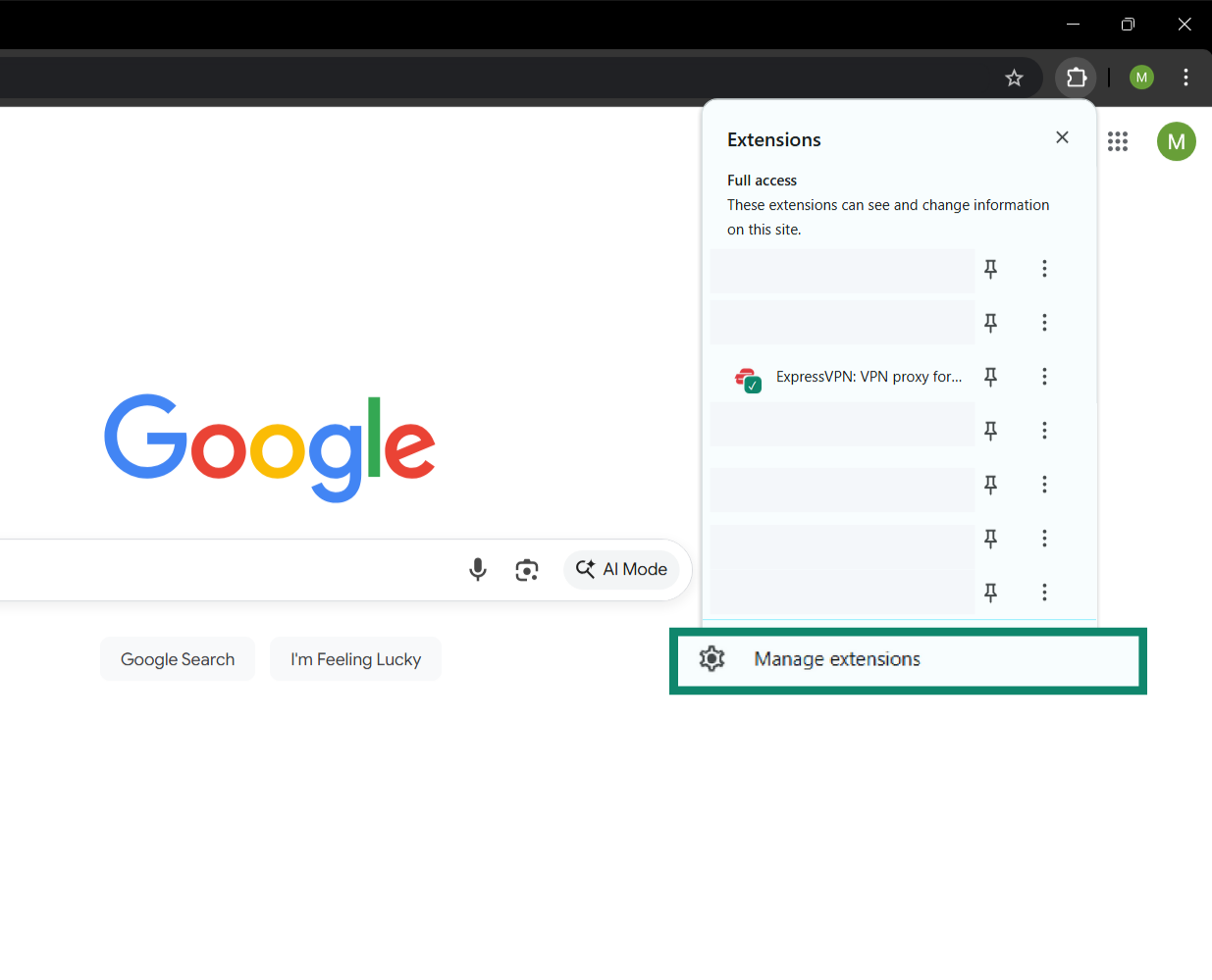 A screenshot of Google Chrome, showing the Manage Extensions button.