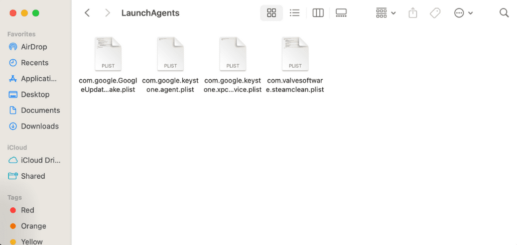 Mac LaunchAgents folder showing plist files.