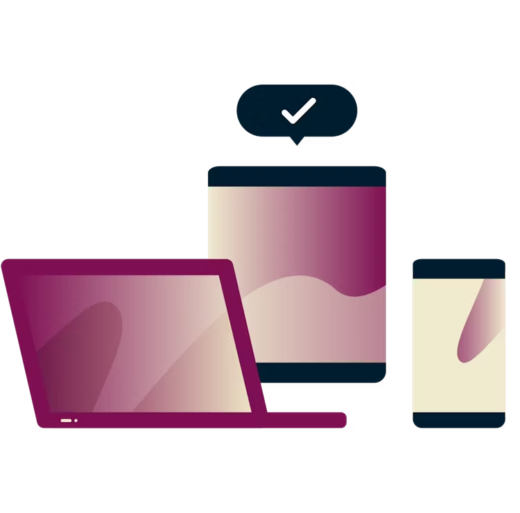 Laptops e dispositivos com uma marca de verificação em uma bolha de texto.