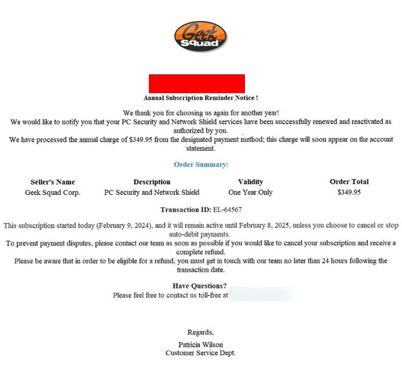 A screenshot of an example of a Geek Squad subscription renewal scam.