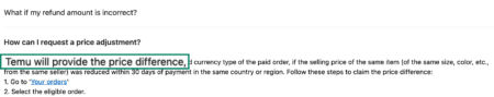 Temu customer support section explaining how to request a price adjustment, with the phrase 