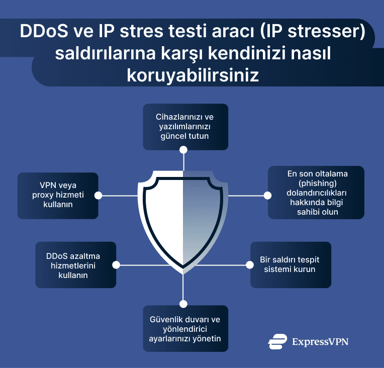 Infographic showing steps to protect yourself from DDoS and IP stresser attacks.