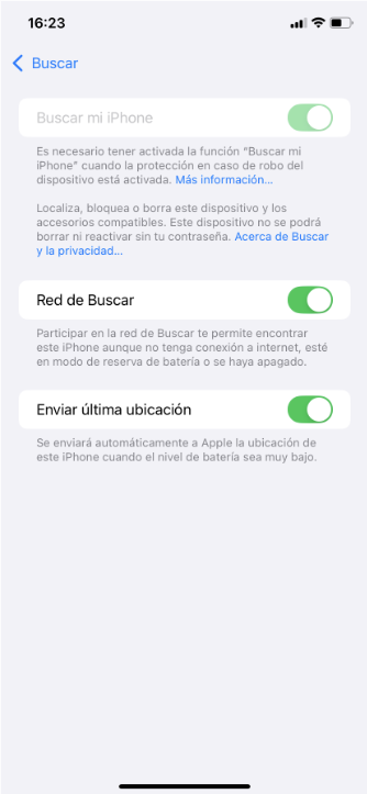 Find My iPhone, Find My network, and Send Last Location toggles all enabled on iPhone.