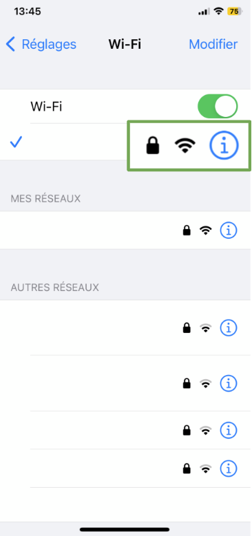 The Wi-Fi settings page of an iOS device, showing the small "i" button next to the active network.