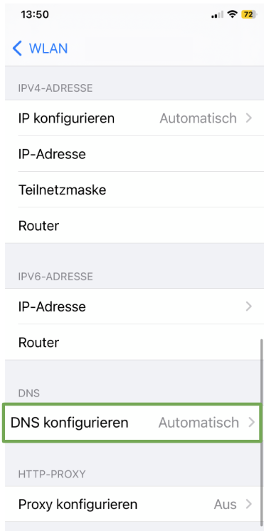 The network information page of an iOS device, showing the Configure DNS menu option.