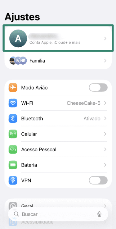 iPhone Settings screen showing how to access Apple Account.