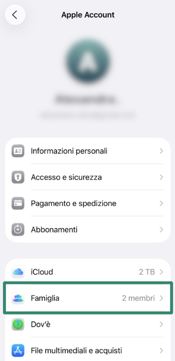 Family menu option shown under Apple ID in iPhone Settings.