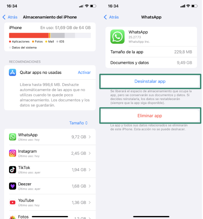 iPhone Storage settings showing WhatsApp with options to Offload or Delete App.