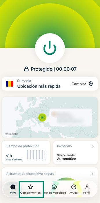 ExpressVPN home screen showing user is connected, with Add-ons tab highlighted.
