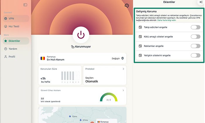 ExpressVPN macOS app with the Advanced Protection options highlighted in the Add-ons section.