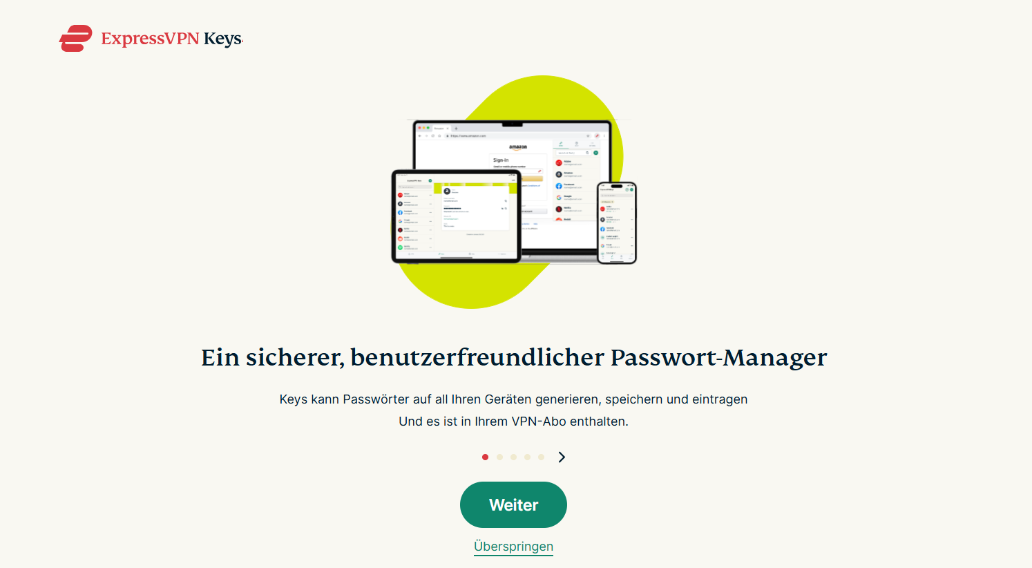 The setup page of the ExpressVPN Keys extension.