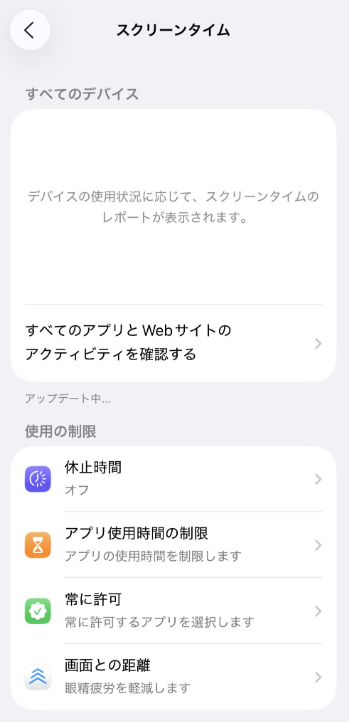 Screen Time dashboard with app and website activity summary.