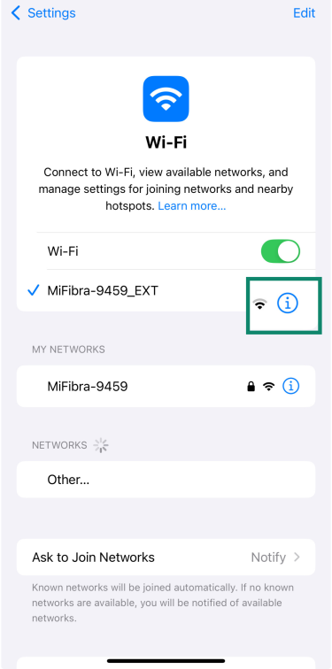 iPhone WiFi menu displaying connected network details