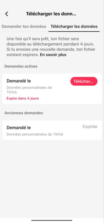 Screenshot showing how to begin downloading personal data from TikTok