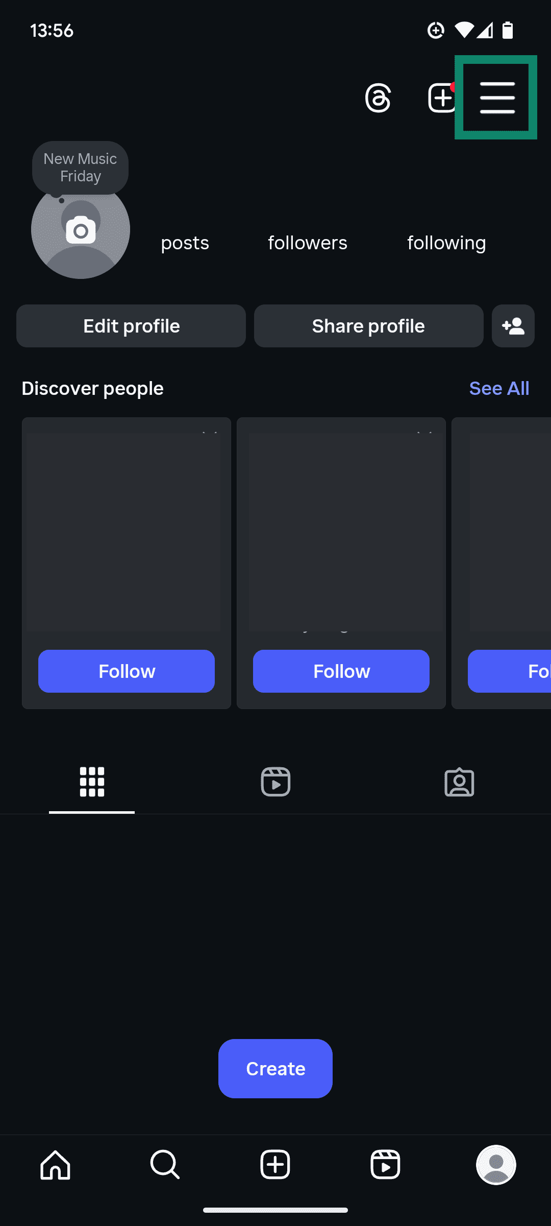 A screenshot of the 인스타그램 app, showing the homepage and Menu button.