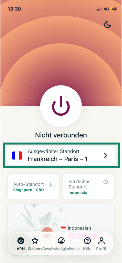 ExpressVPN app's main menu