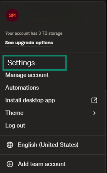The Dropbox settings menu.