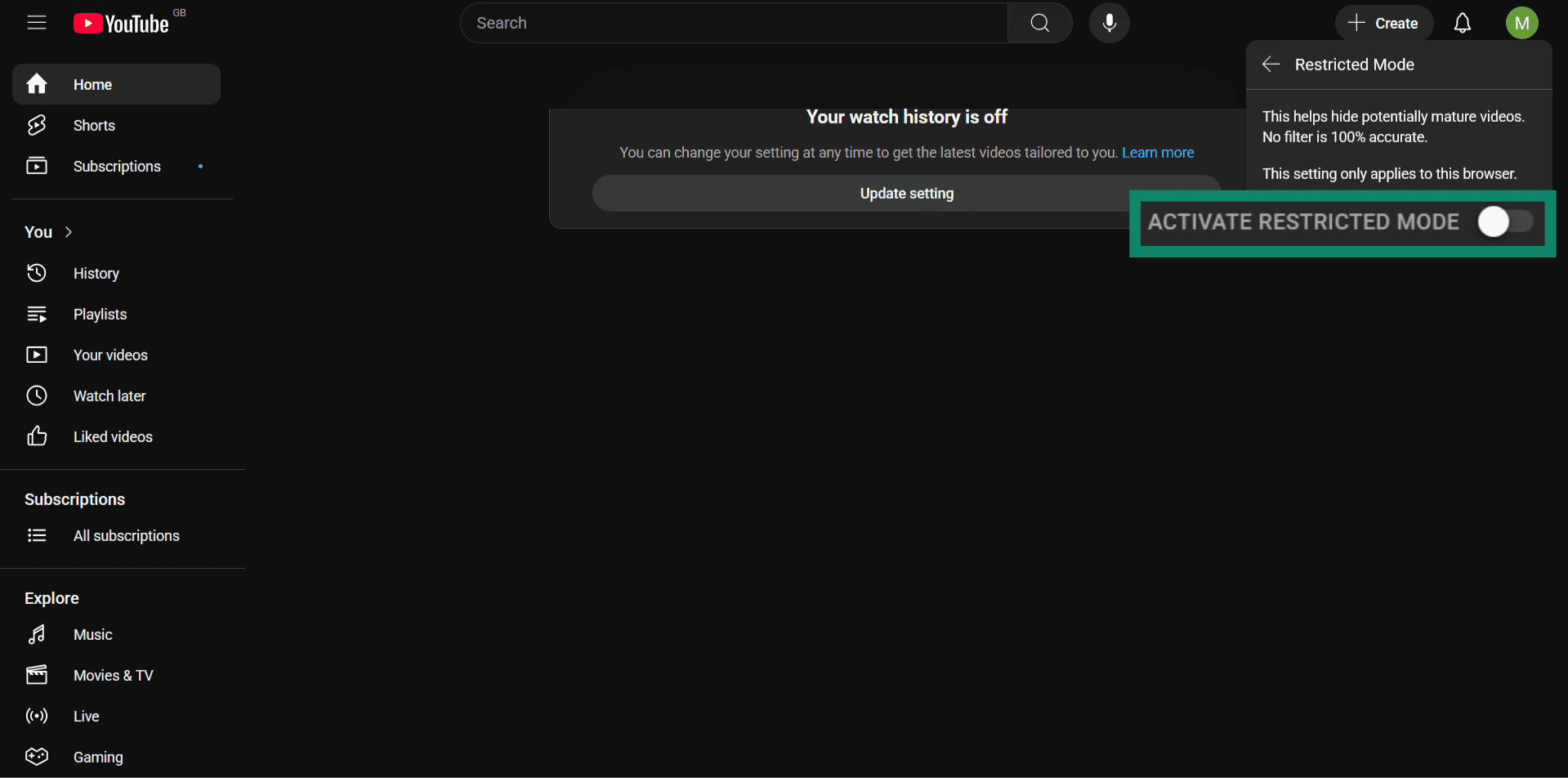 The YouTube homepage, showing the option to turn Restricted Mode on.