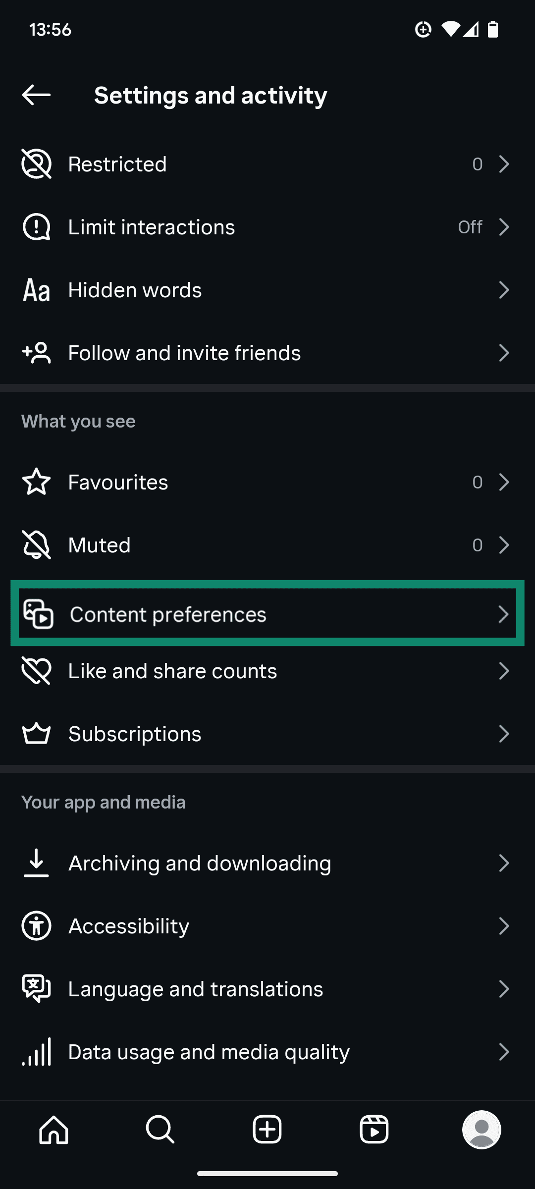 The Settings and activity menu of the 인스타그램 app, showing the Content preferences option.