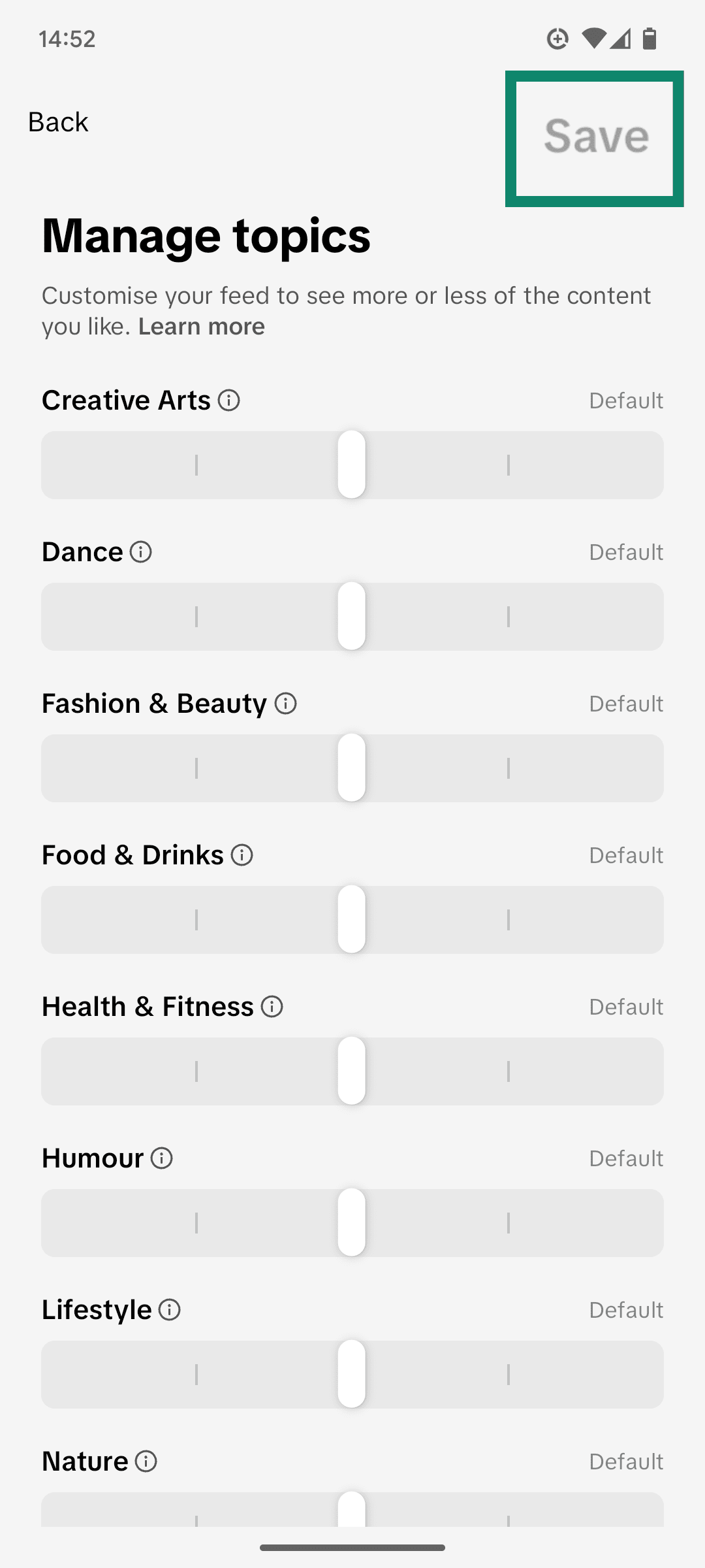 The Manage topics page of the TikTok app, showing various sliders for different topic categories and the Save button to confirm any changes.