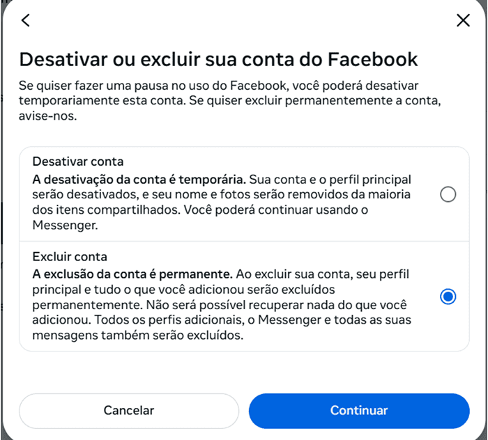 Deactivating or deleting your Facebook account selection screen.