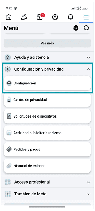 Facebook Android app Menu with Settings & privacy and Settings highlighted.