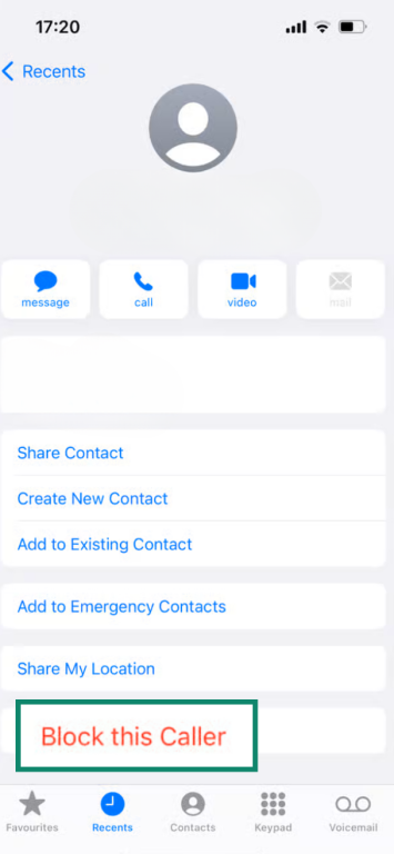 iPhone contact options with the “Block this Caller” button highlighted.
