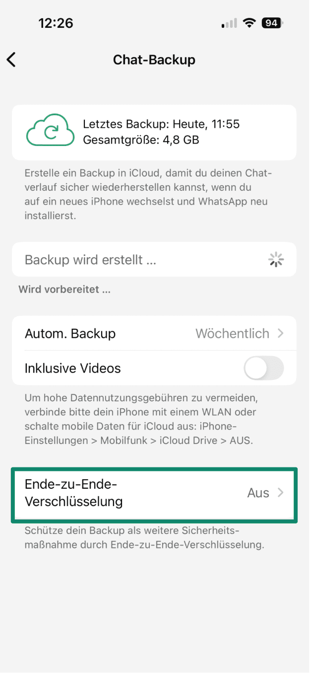 iPhone Chat backup screen with end-to-end encrypted backup switched off