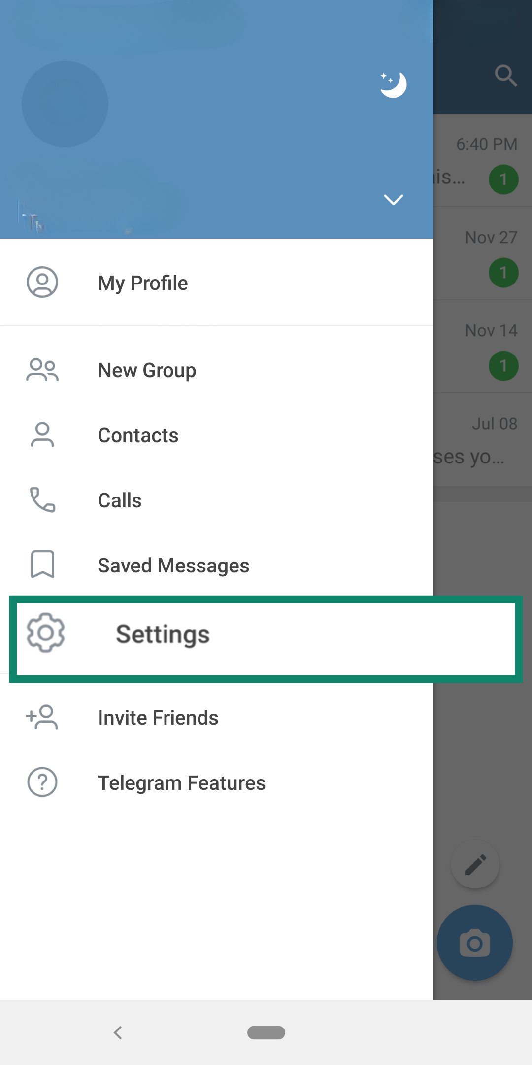 Image showing how to access Telegram settings on Android and iOS.
