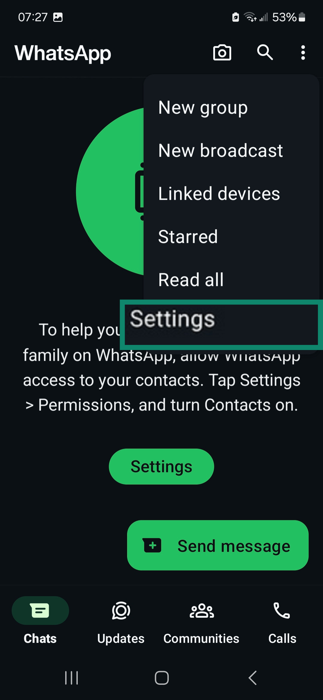 WhatsApp home screen highlighting Settings in the kebab menu.