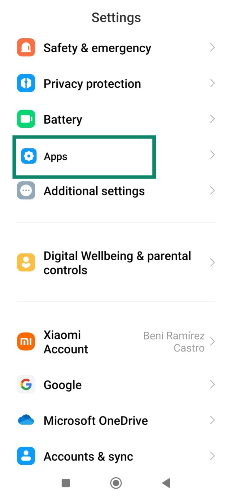 Android Settings screen highlighting the Apps menu option.