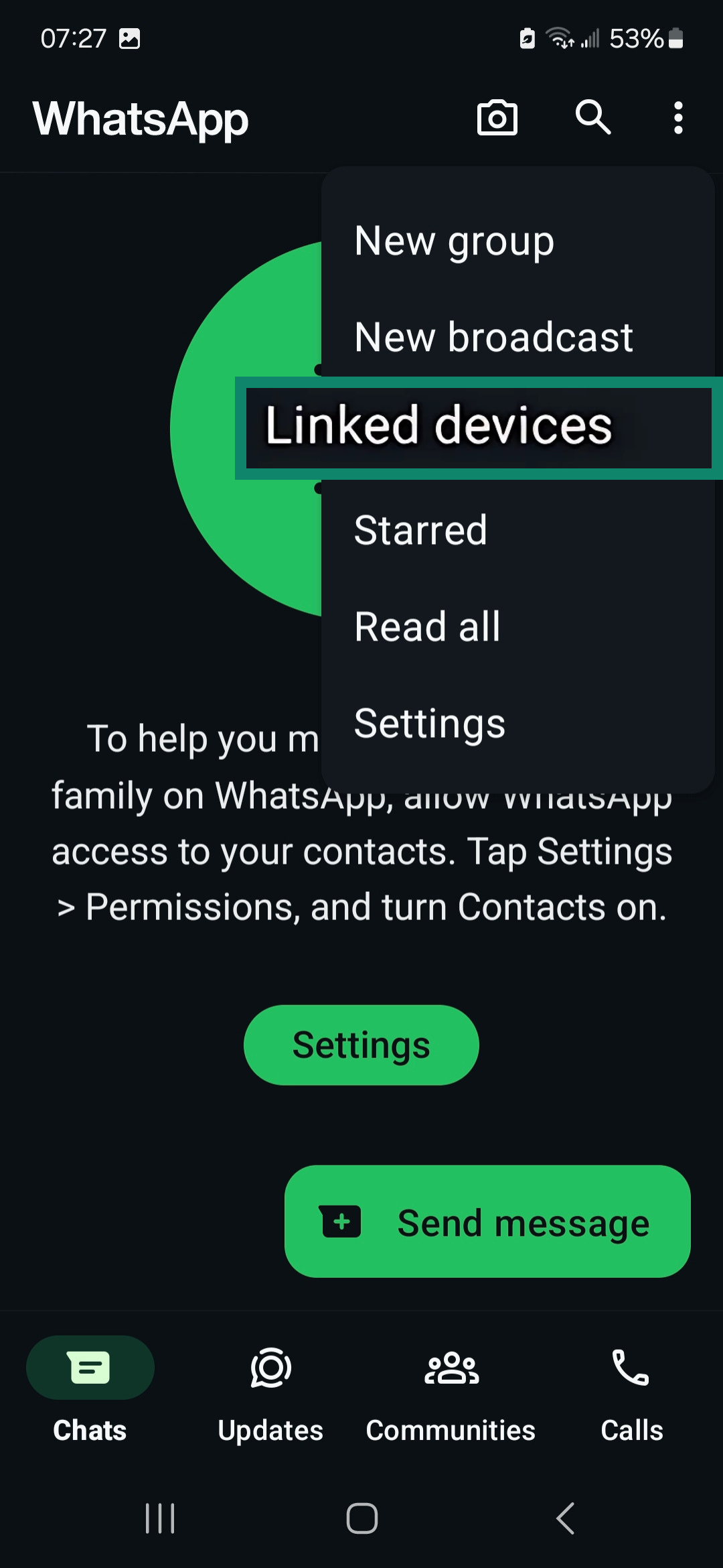 WhatsApp kebab menu highlighting Linked devices.