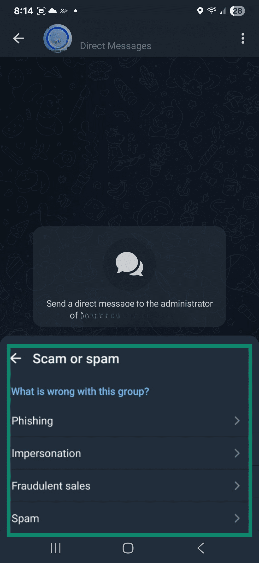 Final stage of reporting a scam or spam group on Telegram.