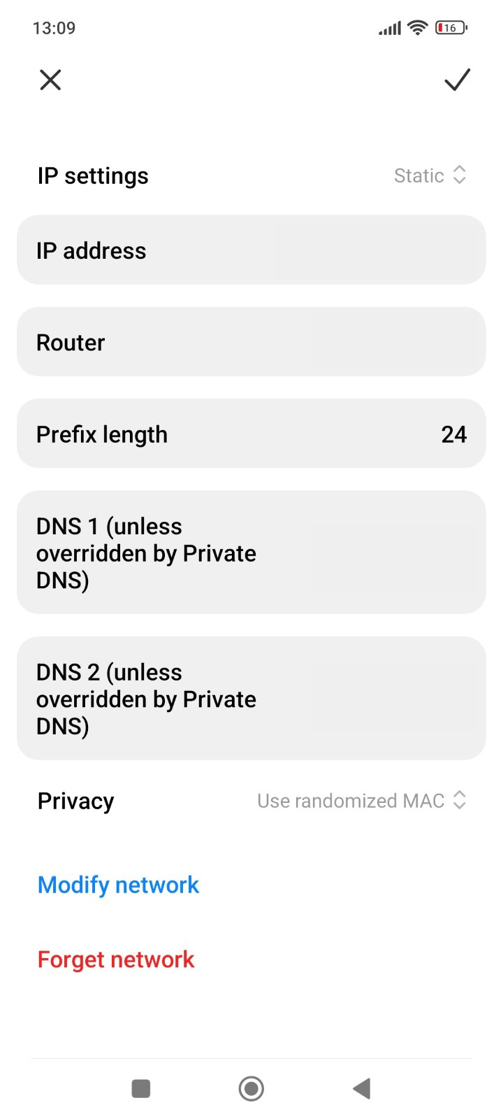 The IP Settings page on an Android phone, showing the options to change DNS 1 and DNS 2 servers.
