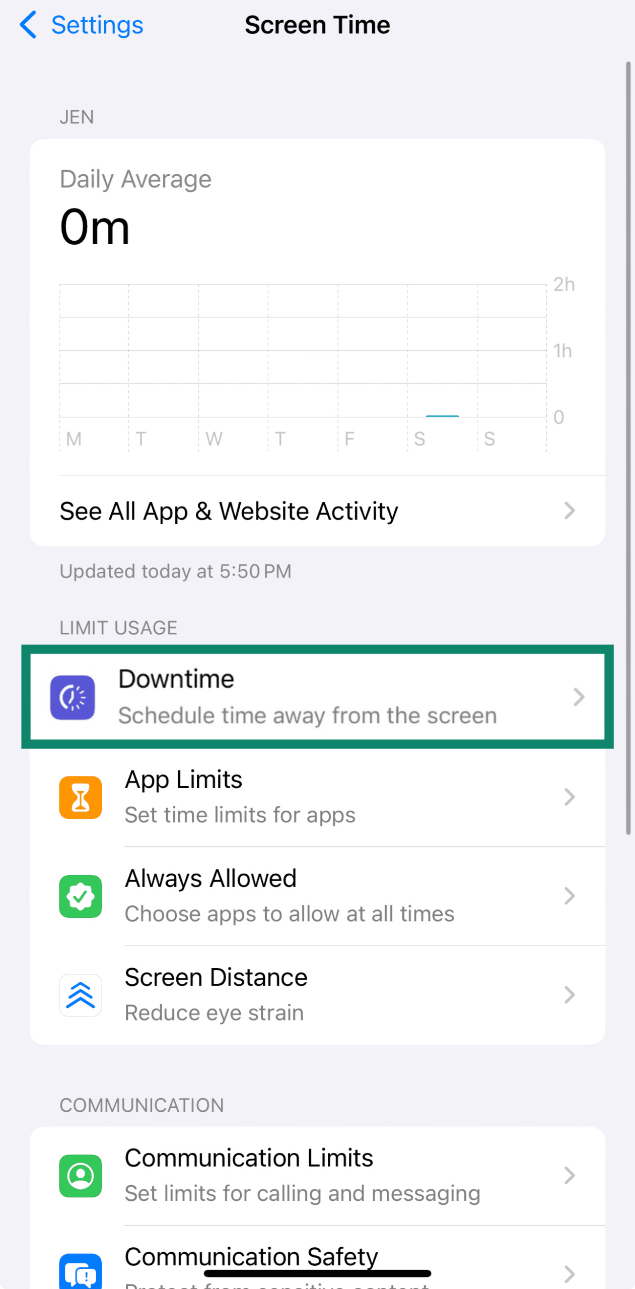 iOS screen showing Downtime option in Screen Time.