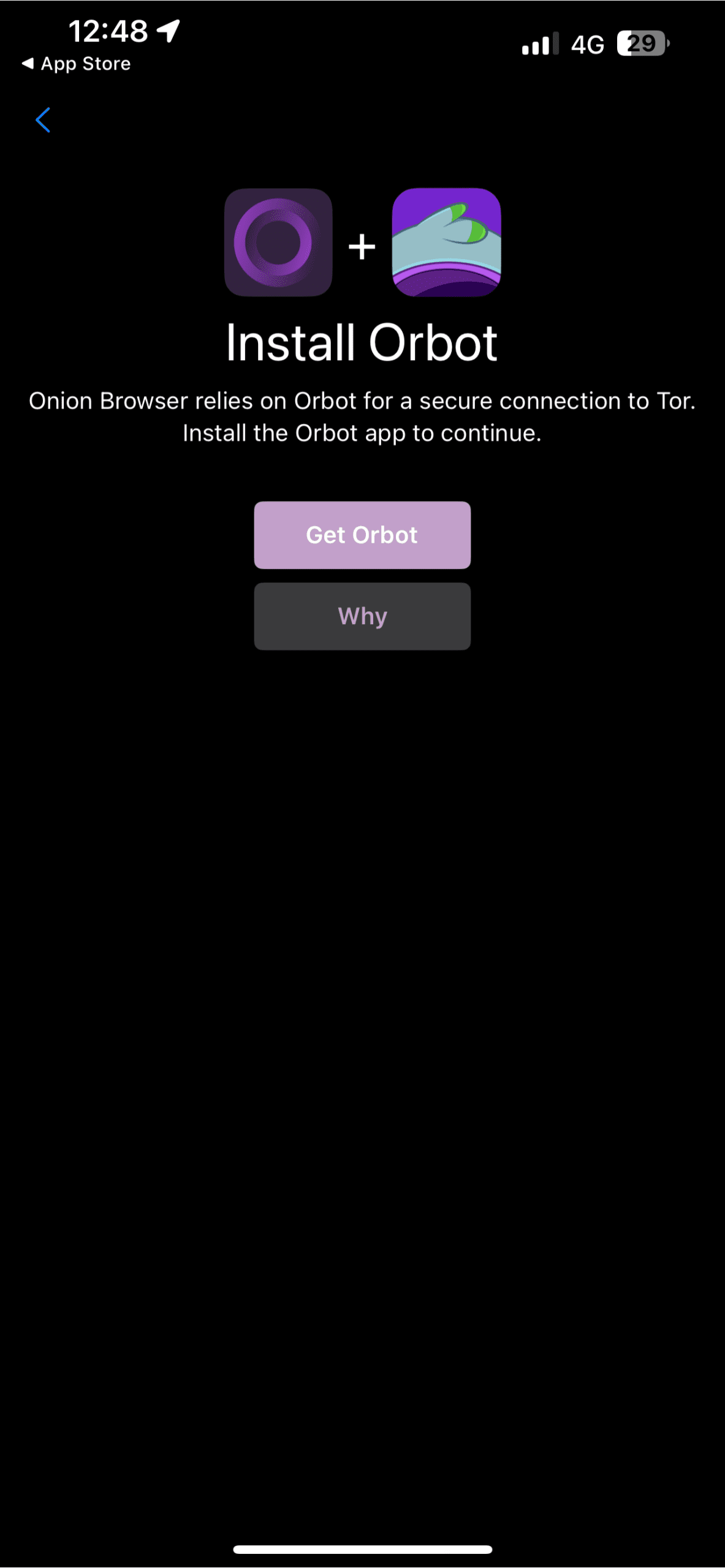 The Onion Browser app, inviting the user to download Orbot.