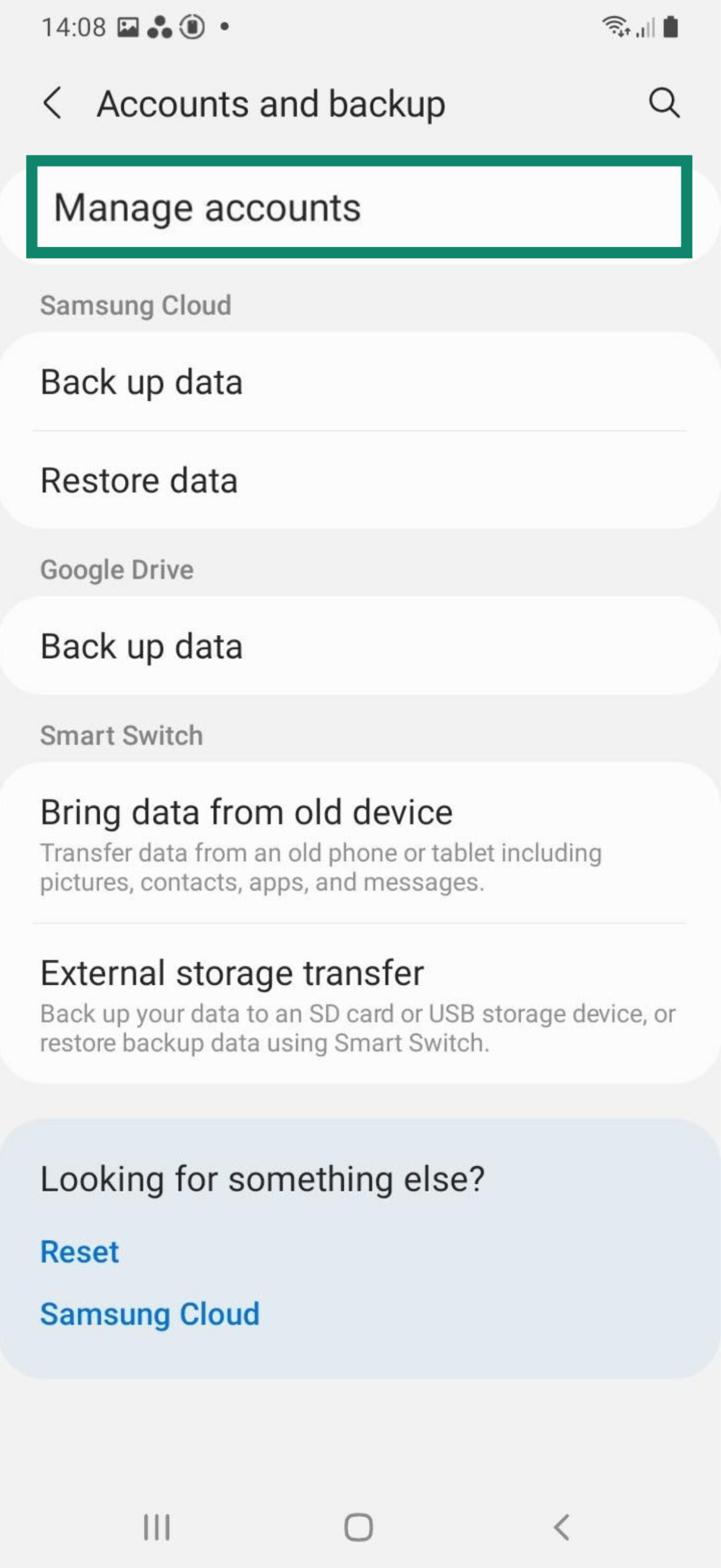 Manage acocunts option on an Android.