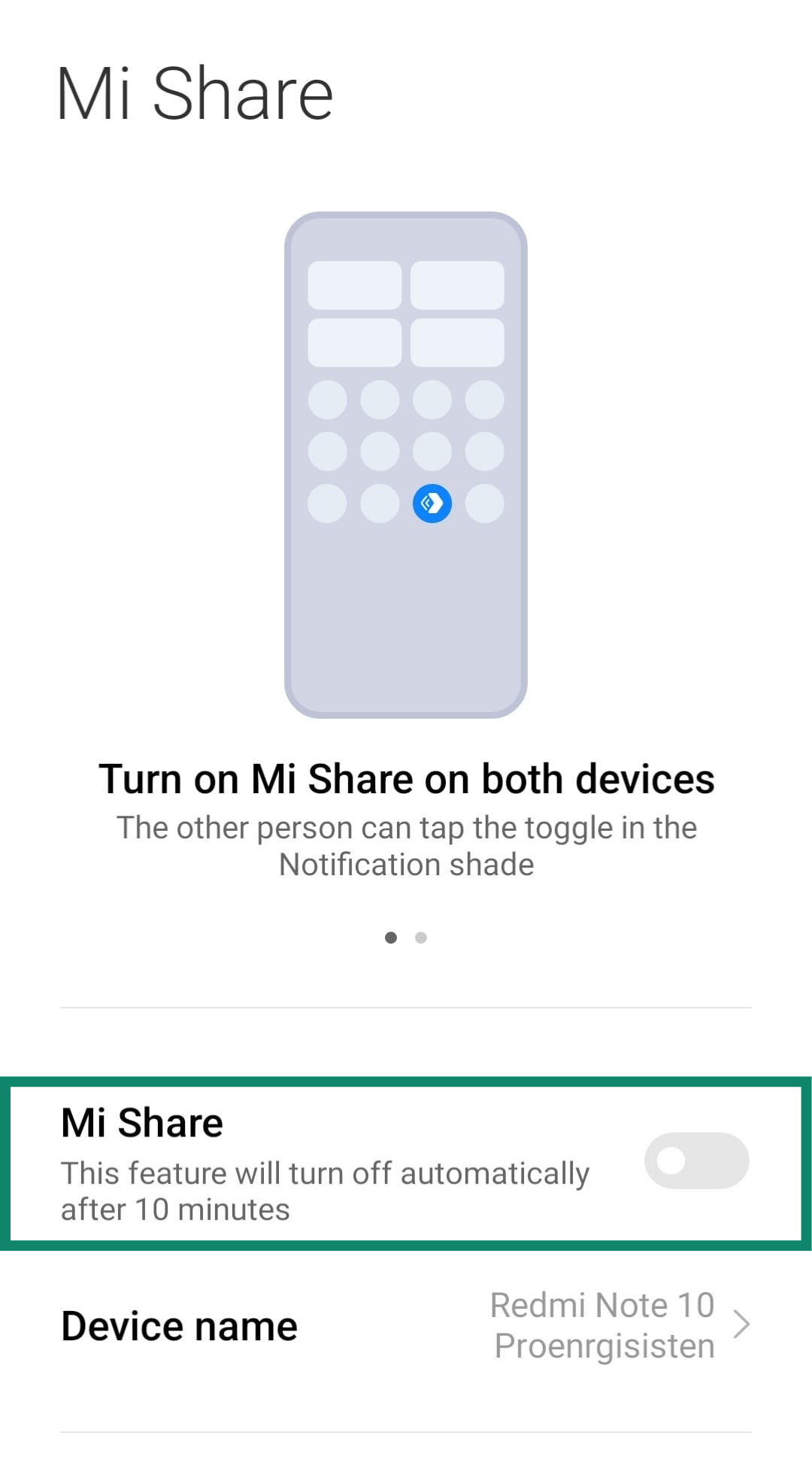 Android screen showing Mi Share untoggled.