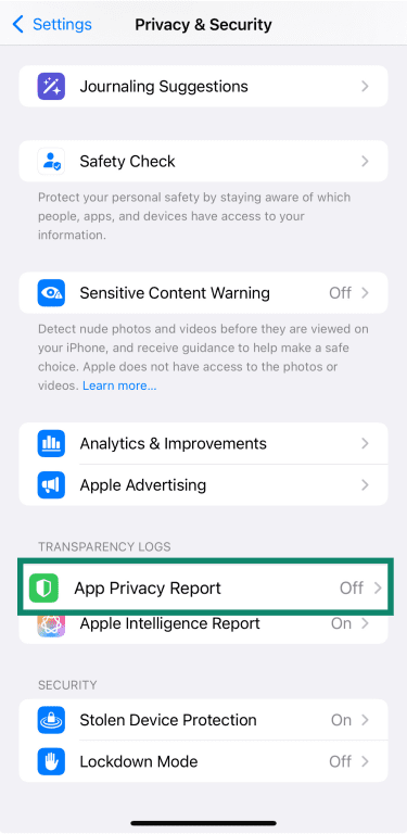iPhone Privacy & Security settings showing App Privacy Report option.